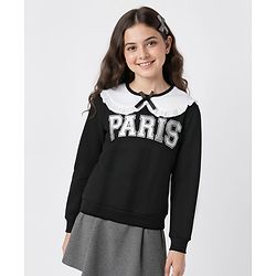 Pine Kids Cotton Knit Full Sleeves Text Printed Sweatshirt With Peter Pan Collar - Black