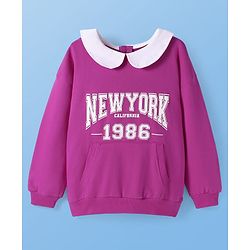 Pine Kids Cotton Knit Full Sleeves Text Printed Sweatshirt With Peter Pan Collar & Kangaroo Pockets - Purple