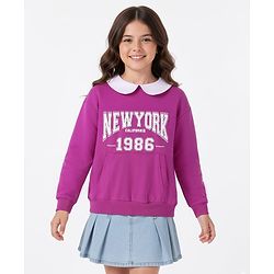 Pine Kids Cotton Knit Full Sleeves Text Printed Sweatshirt With Peter Pan Collar & Kangaroo Pockets - Purple