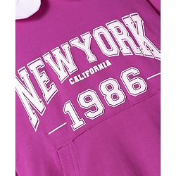 Pine Kids Cotton Knit Full Sleeves Text Printed Sweatshirt With Peter Pan Collar & Kangaroo Pockets - Purple