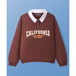 Pine Kids Cotton Knit Full Sleeves Drop Shoulder Sweatshirt with Collar Neck & Text Print - Brown