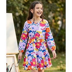 Pine Kids Cotton Knit Full Peasant Sleeves Floral Printed Frock with Fabric Belt - White