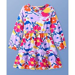 Pine Kids Cotton Knit Full Peasant Sleeves Floral Printed Frock with Fabric Belt - White