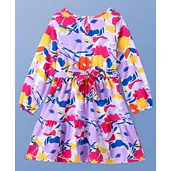 Pine Kids Cotton Knit Full Peasant Sleeves Floral Printed Frock with Fabric Belt - White