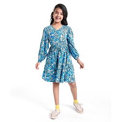 Pine Kids Cotton Knit Peasent Sleeves Frock with Floral Print - Snow White