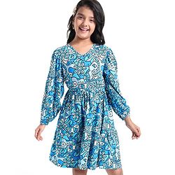 Pine Kids Cotton Knit Peasent Sleeves Frock with Floral Print - Snow White