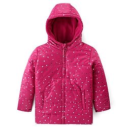 Pine Kids Woven Full  Sleeves Front Open Sequinned Padded Hooded Jacket with Pockets - Rani Pink