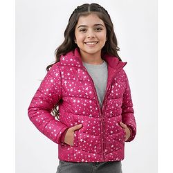 Pine Kids Woven Full Sleeves Front Open Padded Hooded Jacket with Foil Star Print - Pink