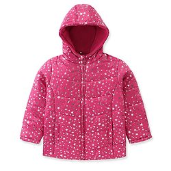 Pine Kids Woven Full Sleeves Front Open Padded Hooded Jacket with Foil Star Print - Pink