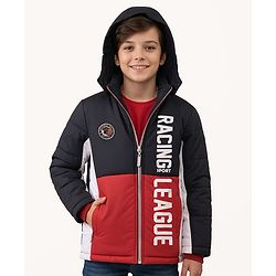 Pine Kids Woven Full Sleeves Padded Hooded Jacket Text Print - Multicolour