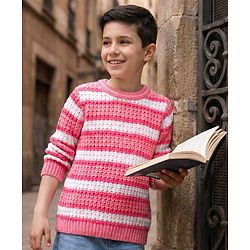 Pine Kids Knitted Full Sleeves Striped Pullover Sweater - Pink