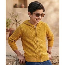 Pine Kids Full Sleeves Front Open  Hood Sweater - Mustard