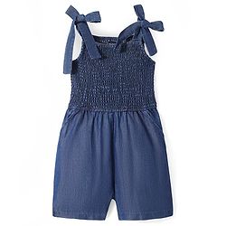 Pine Kids Cotton Woven Sleeveless Jumpsuit with Bow & Smocking Detailing - Blue