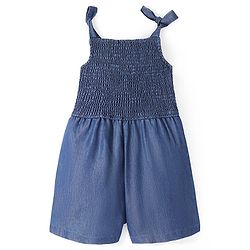 Pine Kids Cotton Woven Sleeveless Jumpsuit with Bow & Smocking Detailing - Blue