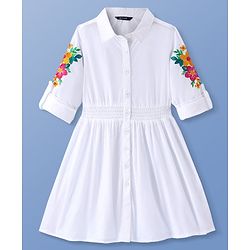 Pine Kids Cotton Woven Full Sleeves Frocks with Floral Embroidery - White
