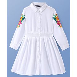 Pine Kids Cotton Woven Full Sleeves Frocks with Floral Embroidery - White