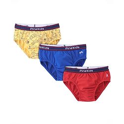 Pine Kids Cotton Knit Solid Colour & Printed Briefs Pack of 3 - Yellow Blue & Red