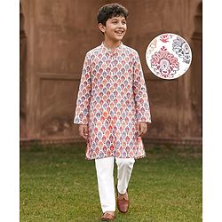 Pine Kids Woven Full Sleeves Kurta Pyjama Set With Mandala Print -White