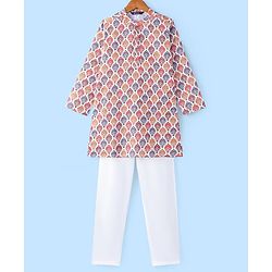 Pine Kids Woven Full Sleeves Kurta Pyjama Set With Mandala Print -White
