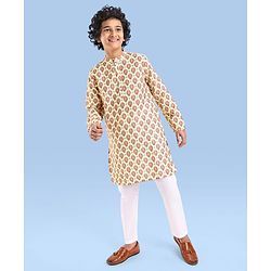 Pine Kids Woven Full Sleeves Kurta Pyjama Set With Mandala Print -White