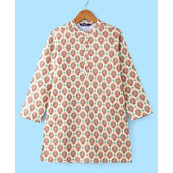 Pine Kids Woven Full Sleeves Kurta Pyjama Set With Mandala Print -White