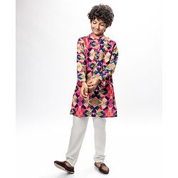 Pine Kids Woven Full Sleeves Kurta Pyjama Set With Abstract Print -Multicolor