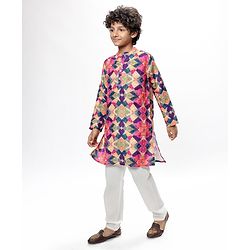 Pine Kids Woven Full Sleeves Kurta Pyjama Set With Abstract Print -Multicolor