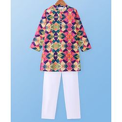 Pine Kids Woven Full Sleeves Kurta Pyjama Set With Abstract Print -Multicolor