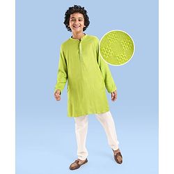 Pine Kids Woven Full Sleeves Textured Fabric Solid Colour Kurta & Pyjama Set with Mirror Work Detailing - Green