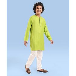 Pine Kids Woven Full Sleeves Textured Fabric Solid Colour Kurta & Pyjama Set with Mirror Work Detailing - Green