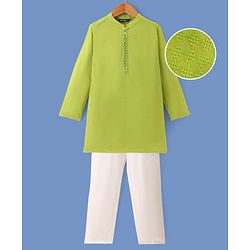 Pine Kids Woven Full Sleeves Textured Fabric Solid Colour Kurta & Pyjama Set with Mirror Work Detailing - Green