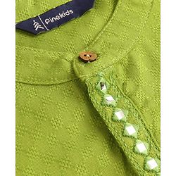 Pine Kids Woven Full Sleeves Textured Fabric Solid Colour Kurta & Pyjama Set with Mirror Work Detailing - Green