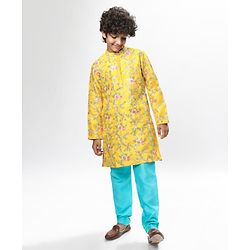 Pine Kids Woven Full Sleeves Kurta Pyjama Set with Floral Embroidery - Yellow