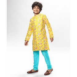 Pine Kids Woven Full Sleeves Kurta Pyjama Set with Floral Embroidery - Yellow
