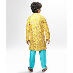 Pine Kids Woven Full Sleeves Kurta Pyjama Set with Floral Embroidery - Yellow