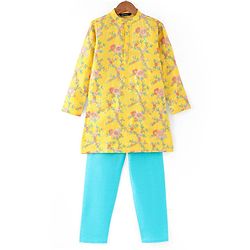 Pine Kids Woven Full Sleeves Kurta Pyjama Set with Floral Embroidery - Yellow