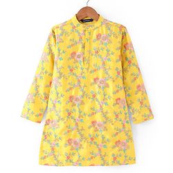 Pine Kids Woven Full Sleeves Kurta Pyjama Set with Floral Embroidery - Yellow
