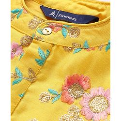 Pine Kids Woven Full Sleeves Kurta Pyjama Set with Floral Embroidery - Yellow