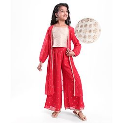 Pine Kids Woven Georgette Foil Printed Top and Pallazzo with Full Sleeve Shrug - Red