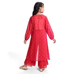 Pine Kids Woven Georgette Foil Printed Top and Pallazzo with Full Sleeve Shrug - Red
