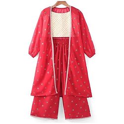 Pine Kids Woven Georgette Foil Printed Top and Pallazzo with Full Sleeve Shrug - Red