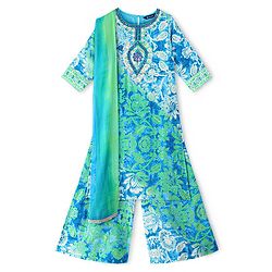 Pine Kids Three Fourth Sleeves Floral Printed Kurta with Mirror Embroidery  & Palazzo Set with Dupatta - Teal Blue