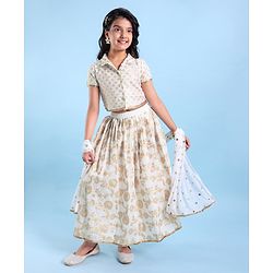 Pine Kids Woven Brocade Half Sleeves Collar Neck Choli with Lehenga & Dupatta - White