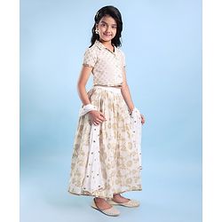 Pine Kids Woven Brocade Half Sleeves Collar Neck Choli with Lehenga & Dupatta - White
