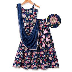 Pine Kids Woven Sleeveless Floral Sequin Embroidered Choli Lehenga & Dupatta Set with Tassle Detailing - Navy Blue