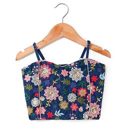Pine Kids Woven Sleeveless Floral Sequin Embroidered Choli Lehenga & Dupatta Set with Tassle Detailing - Navy Blue