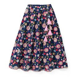 Pine Kids Woven Sleeveless Floral Sequin Embroidered Choli Lehenga & Dupatta Set with Tassle Detailing - Navy Blue