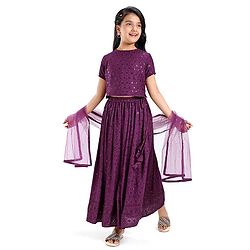 Pine Kids Woven Half Sleeves Sequinned Choli Lehenga Set with Dupatta - Wine