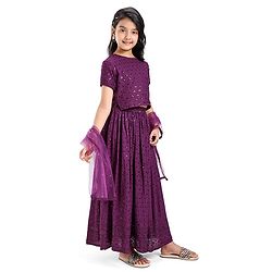 Pine Kids Woven Half Sleeves Sequinned Choli Lehenga Set with Dupatta - Wine