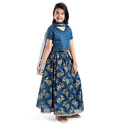 Pine Kids Half Sleeves Sequined Choli Lehenga Set with Dupatta & Gold Foil Floral Print - Teal Blue